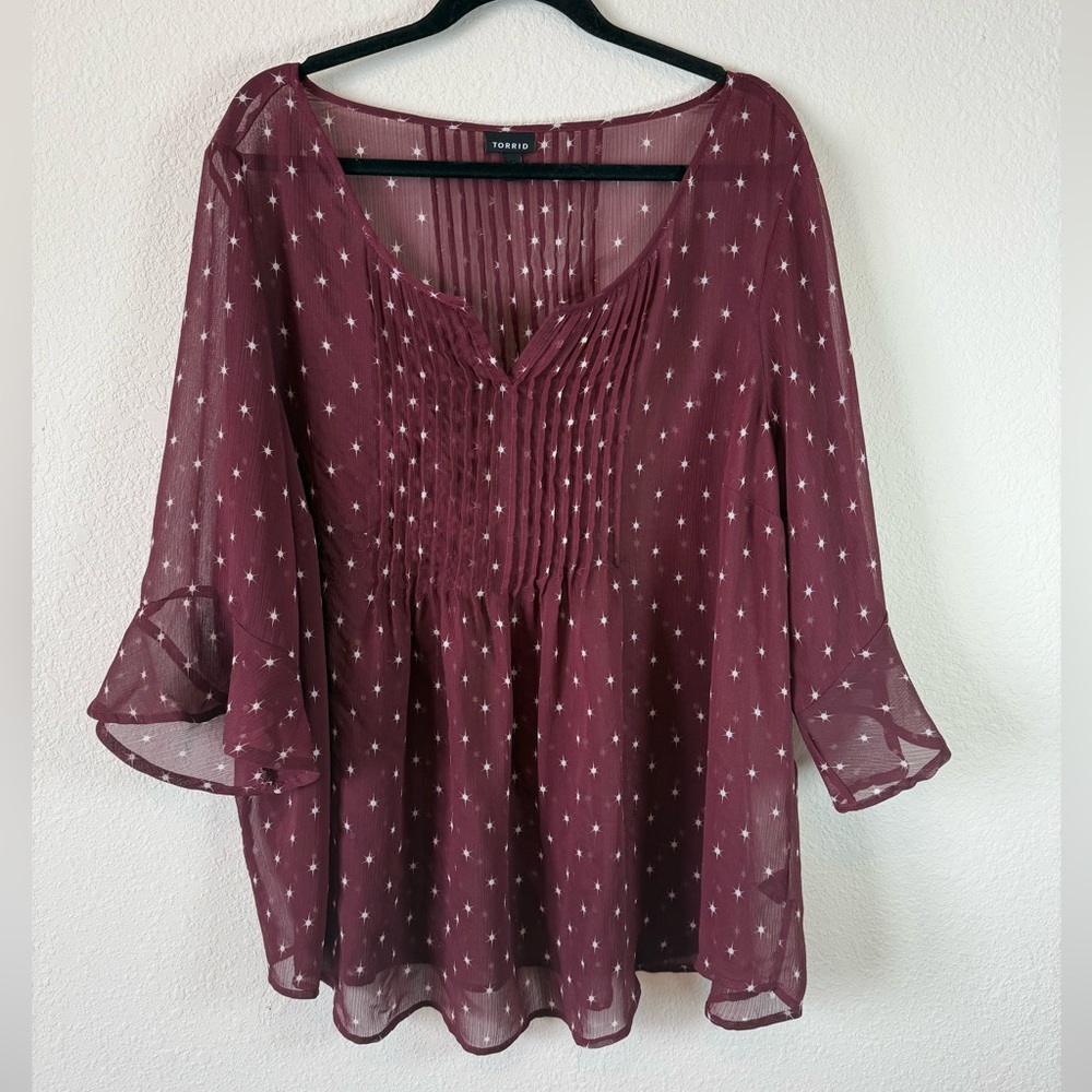 Torrid Burgundy Star Print Sheer Blouse Women’s Plus Size 3 Flowy Peasant Top